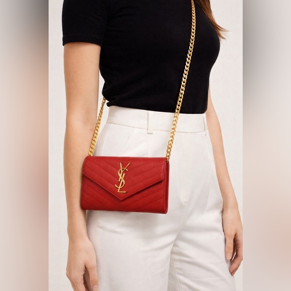 Saint Laurent Red Grain De Poudre Chevron Gold Tone Hardware Leather Wallet WOC